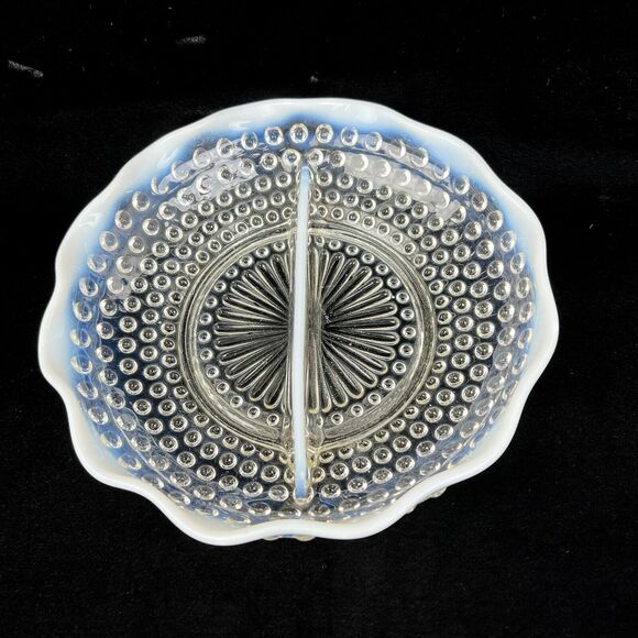 Fenton Hobnail Divided Glass Dish Clear Opalescent Wavy Edge Candy Relish Vtg - Picture 3 of 12